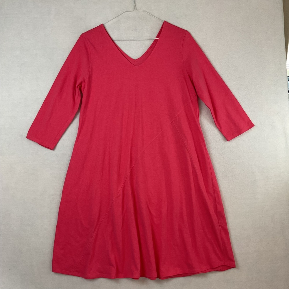 Soft Surroundings Coral Pink V-Neck A-Line Knit Dress 3/4 Sleeve Large